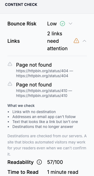 The Links row opened, reading "2 links need attention", with two "Page not found" findings showing each link's destination, then the What we check list and a note that destinations are checked from Letterhead's servers.